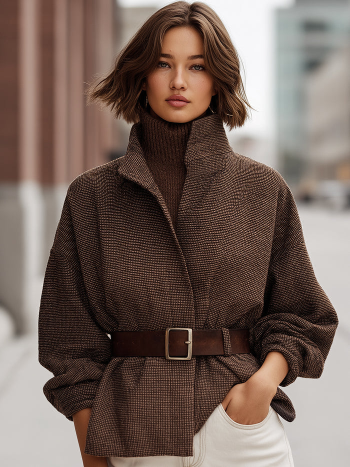 Textured Brown Belted Jacket With High Collar