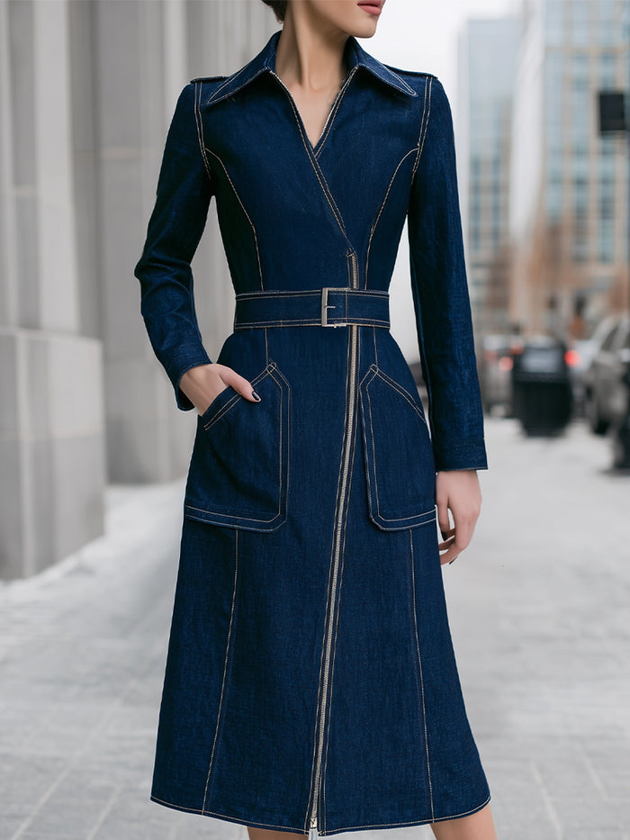 Navy Denim Belted Midi Shirt Dress