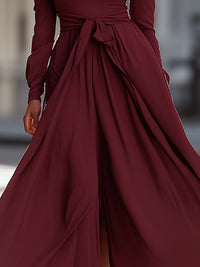 Burgundy High-Neck Cold-Shoulder Maxi Dress