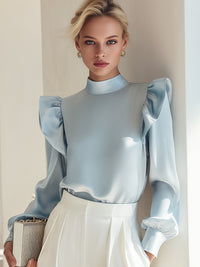 Sky Blue Satin Puff-Shoulder Blouse