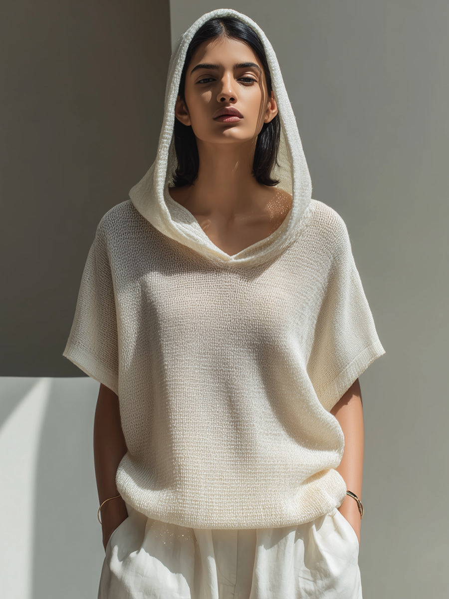 Relaxed Hooded Textured Short-Sleeve Top