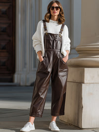 Chocolate Brown Faux Leather Overalls