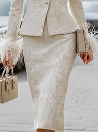 Feather Cuff Tweed Peplum Skirt Set