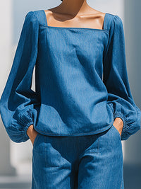 Square-Neck Denim Blouse And Wide-Leg Pants Set