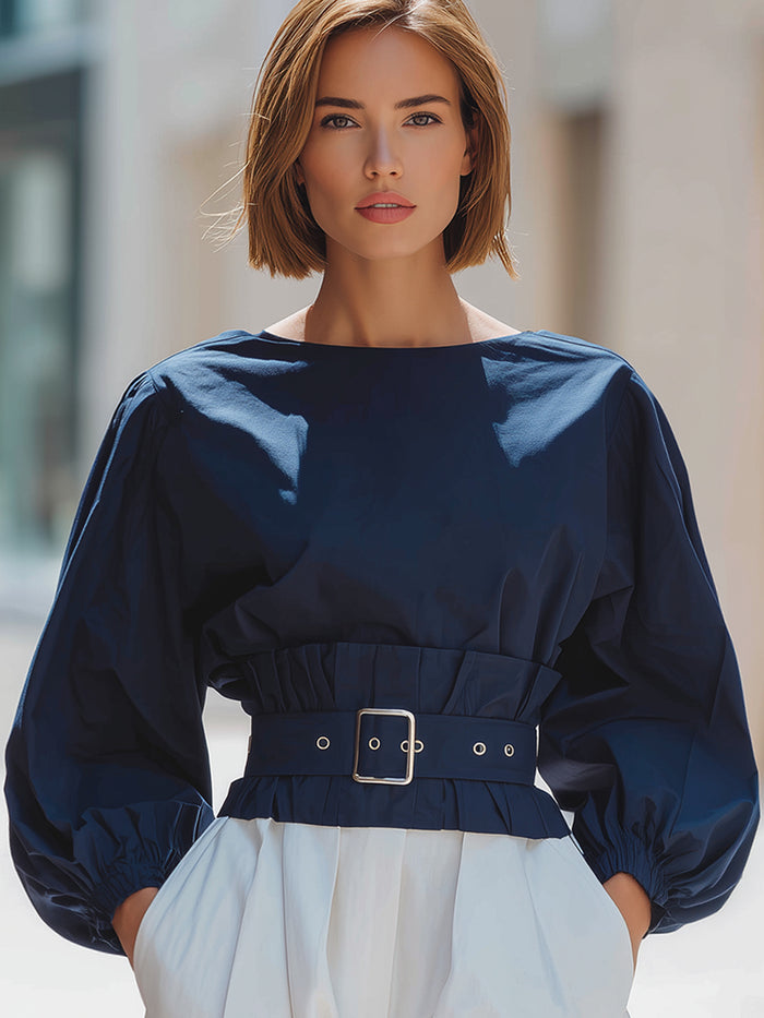 Belted Boat Neck Puff Sleeve Blouse