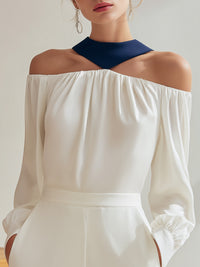 Off-Shoulder Blouse With Contrast Halter Neck Detail