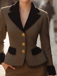 Gold-Button Fine Check Velvet Piping Blazer