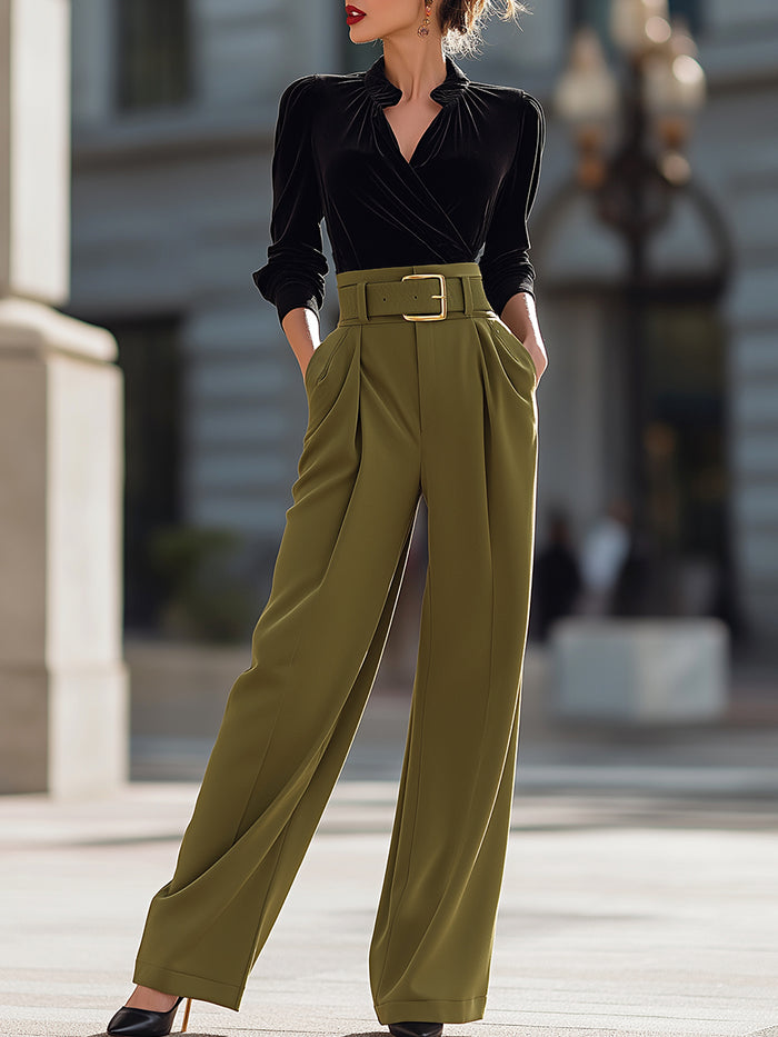 Structured Black Velvet Blouse With Olive Wide-Leg Trousers