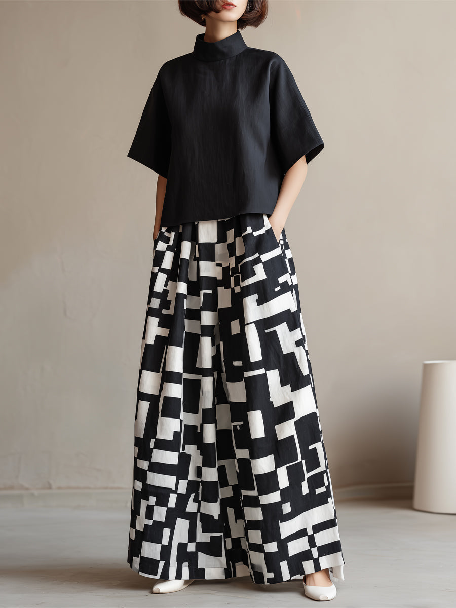 High-Neck Top & Abstract Print Wide-Leg Skirt Set