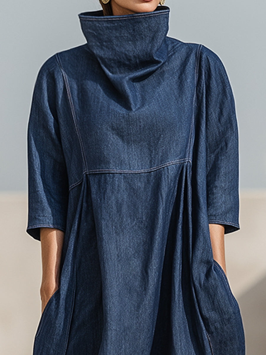 High-Neck Denim Maxi Dress With Sculpted Volume