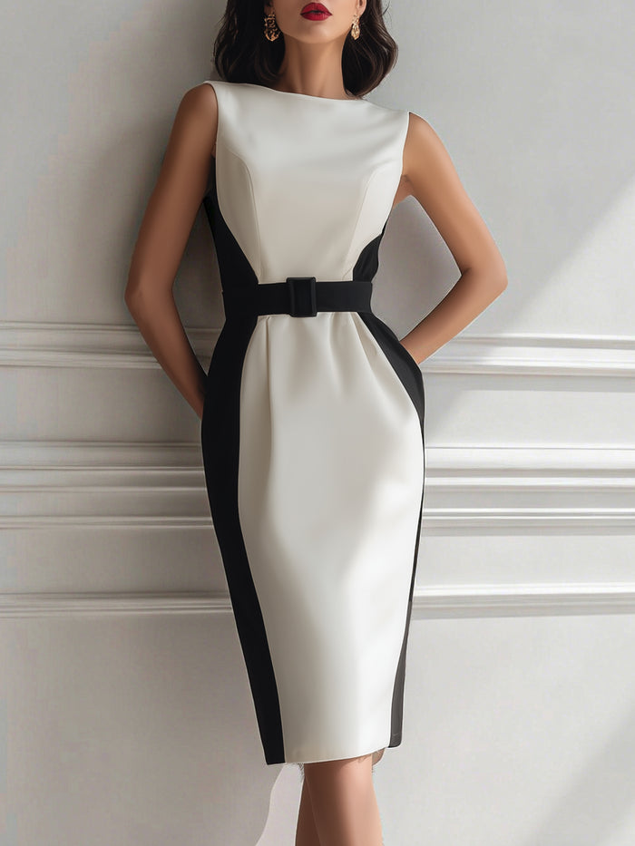 Color-Blocked Belted Midi Dress