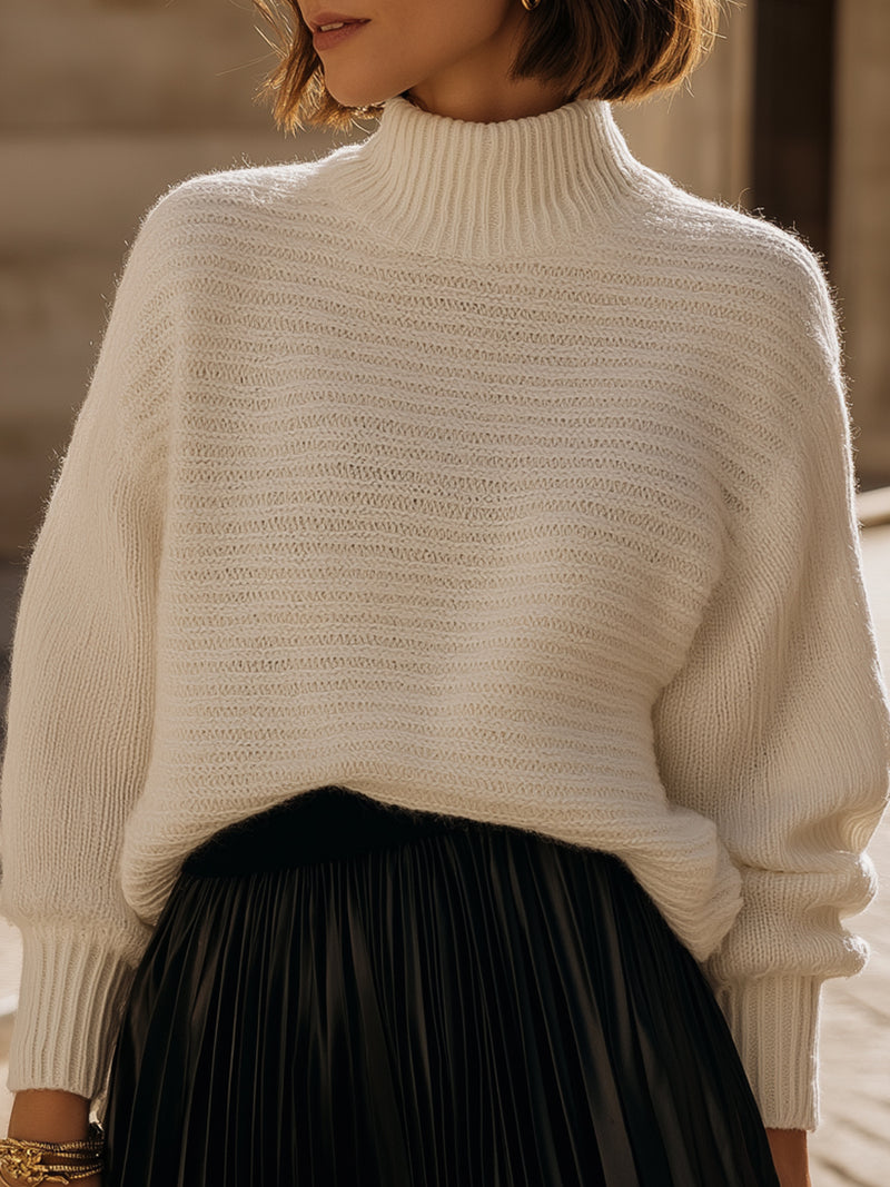 Cream Knit Turtleneck Sweater With Ribbed Design
