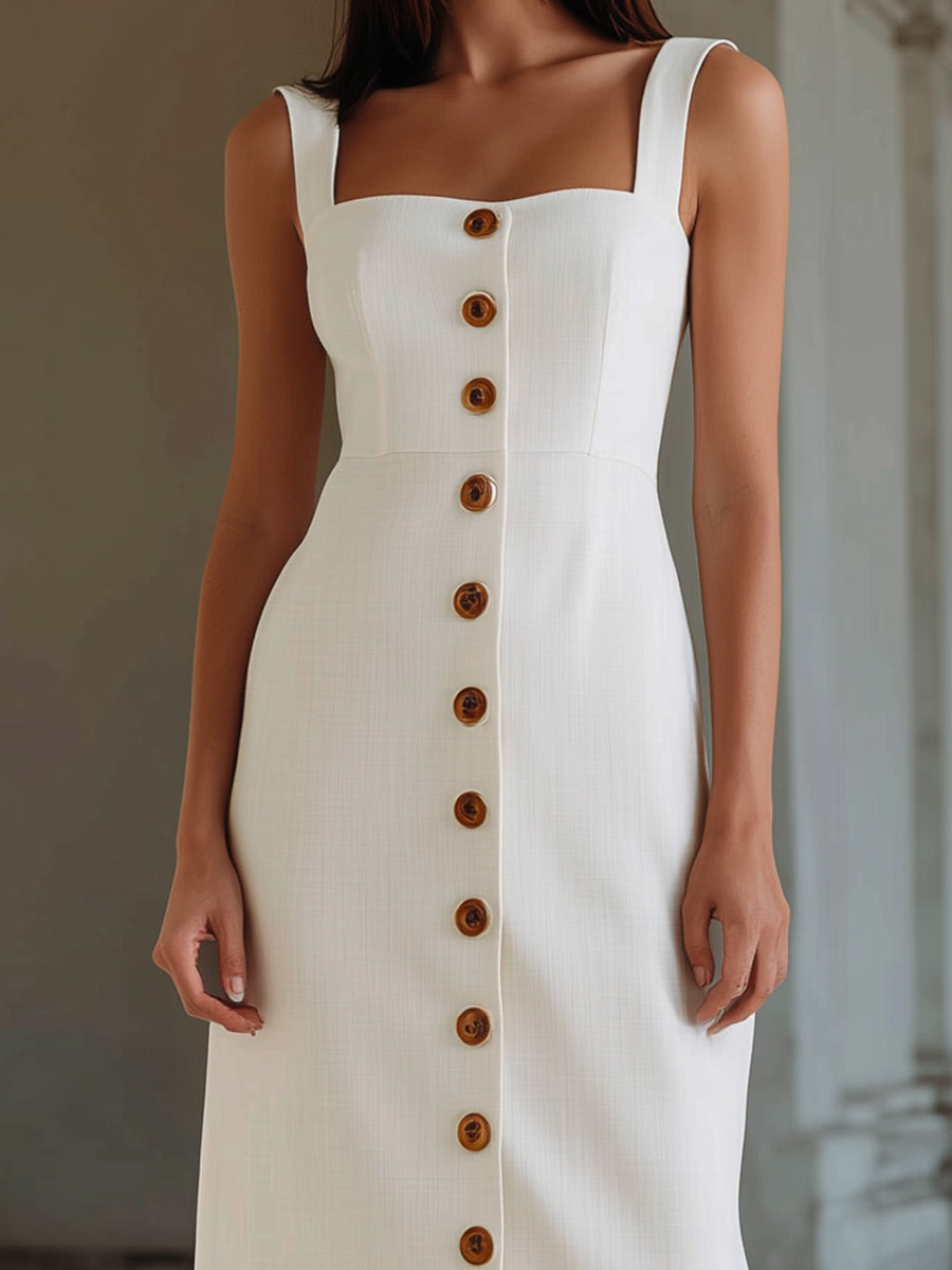 Square Neck Button-Front Fitted Midi Dress