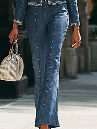 Embellished Denim Tailored Blazer And Slim-Fit Pants Set