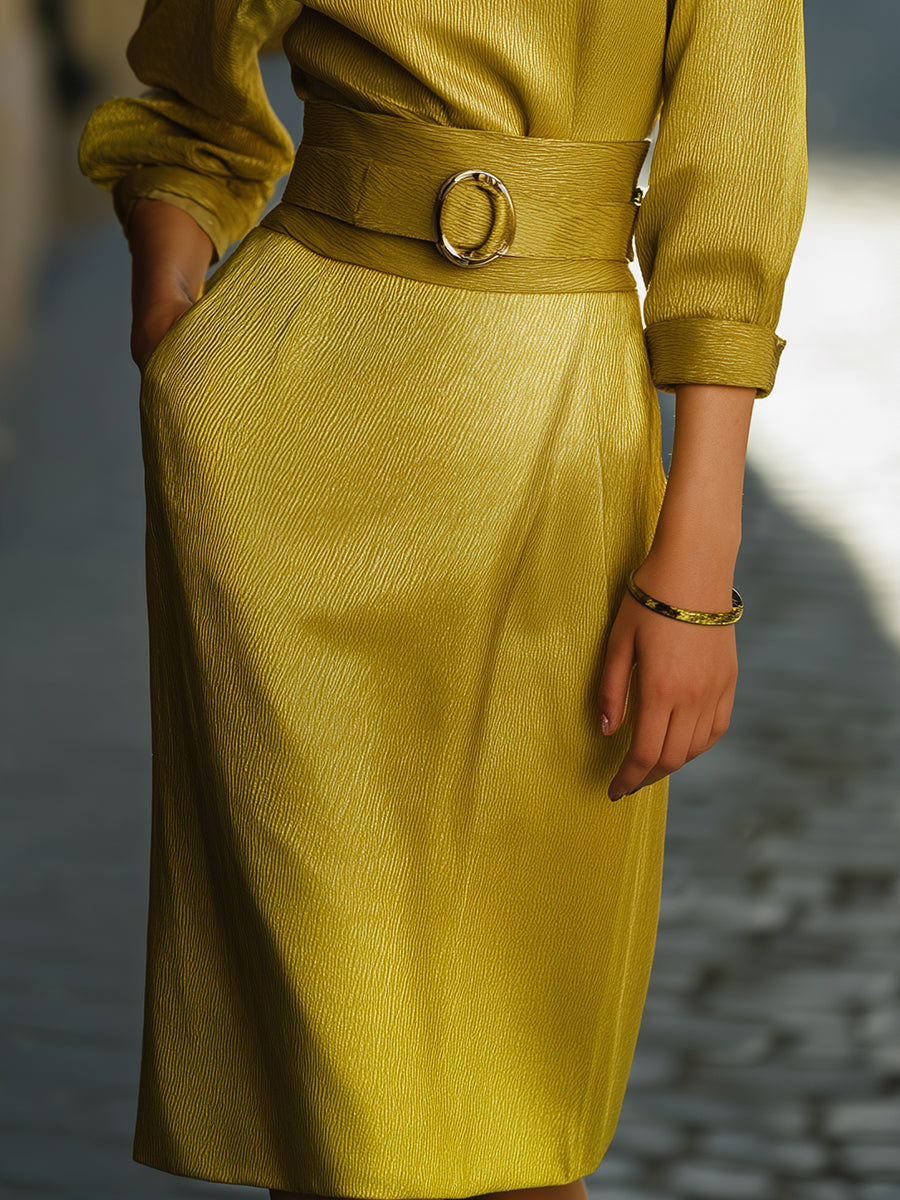 Golden Textured Belted Midi Dress