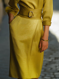 Golden Textured Belted Midi Dress