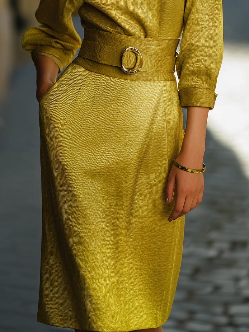 Golden Textured Belted Midi Dress