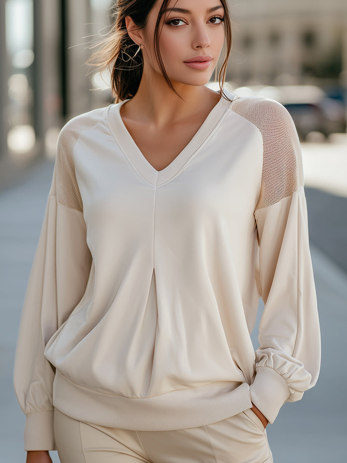 Mesh-Shoulder Pleated V-Neck Blouson Top