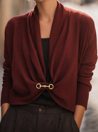 Burgundy Drape-Front Knit Cardigan With Gold Clasp