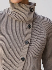 Asymmetric Button-Up High Neck Ribbed Cardigan