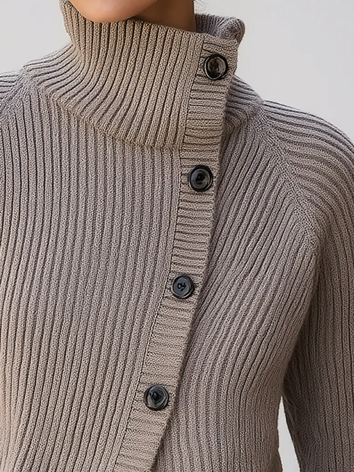 Asymmetric Button-Up High Neck Ribbed Cardigan