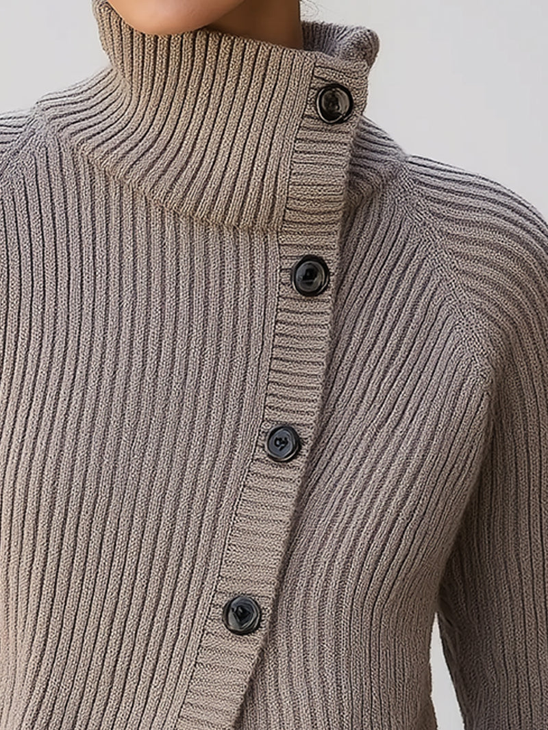 Asymmetric Button-Up High Neck Ribbed Cardigan