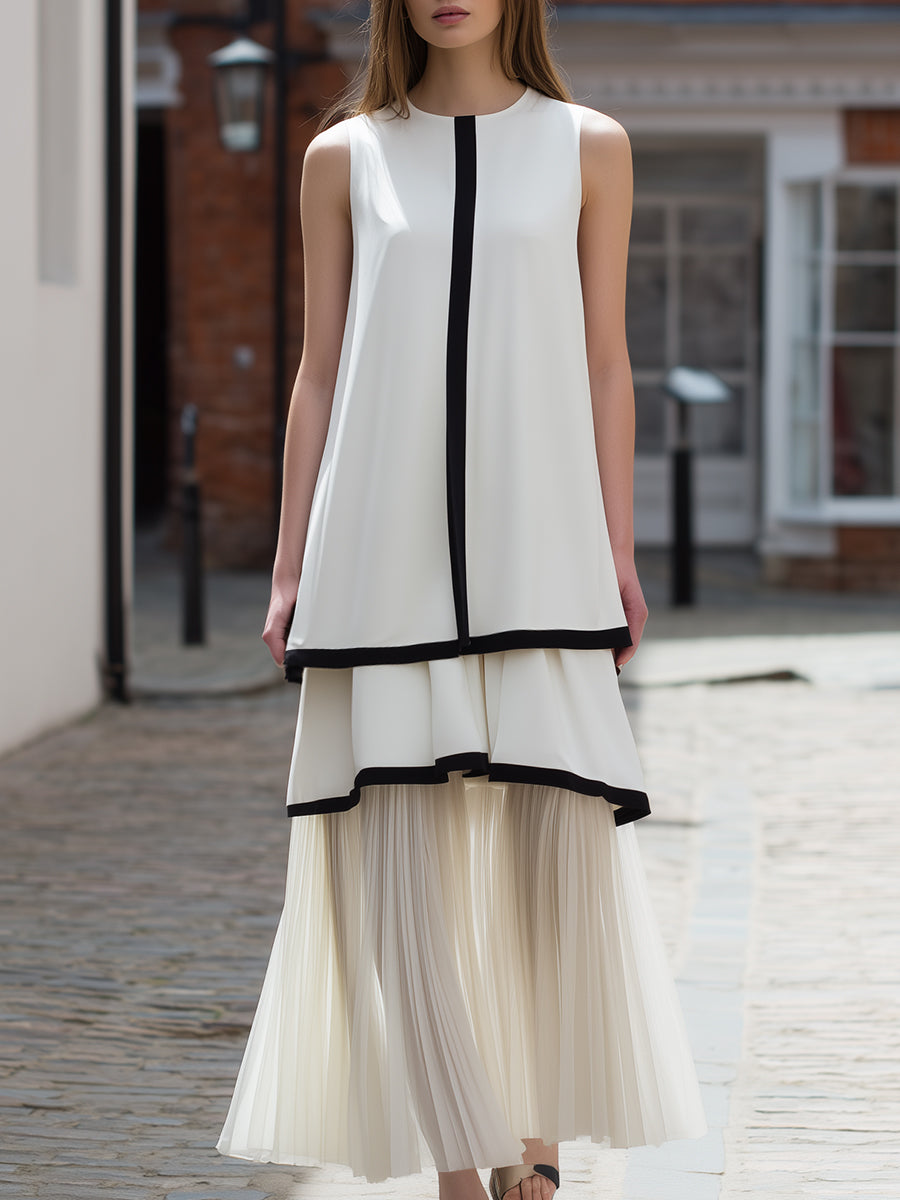 Contrast-Trim Layered Sleeveless Tunic & Pleated Midi Skirt Set