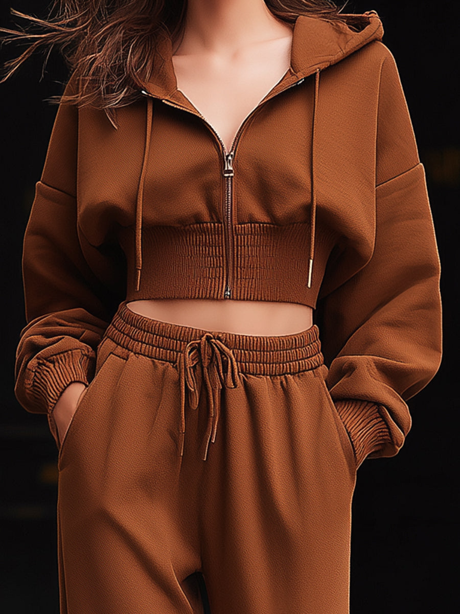 Chestnut Brown Cropped Hoodie And Jogger Set