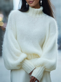 Ivory Fluffy Knit Turtleneck Sweater