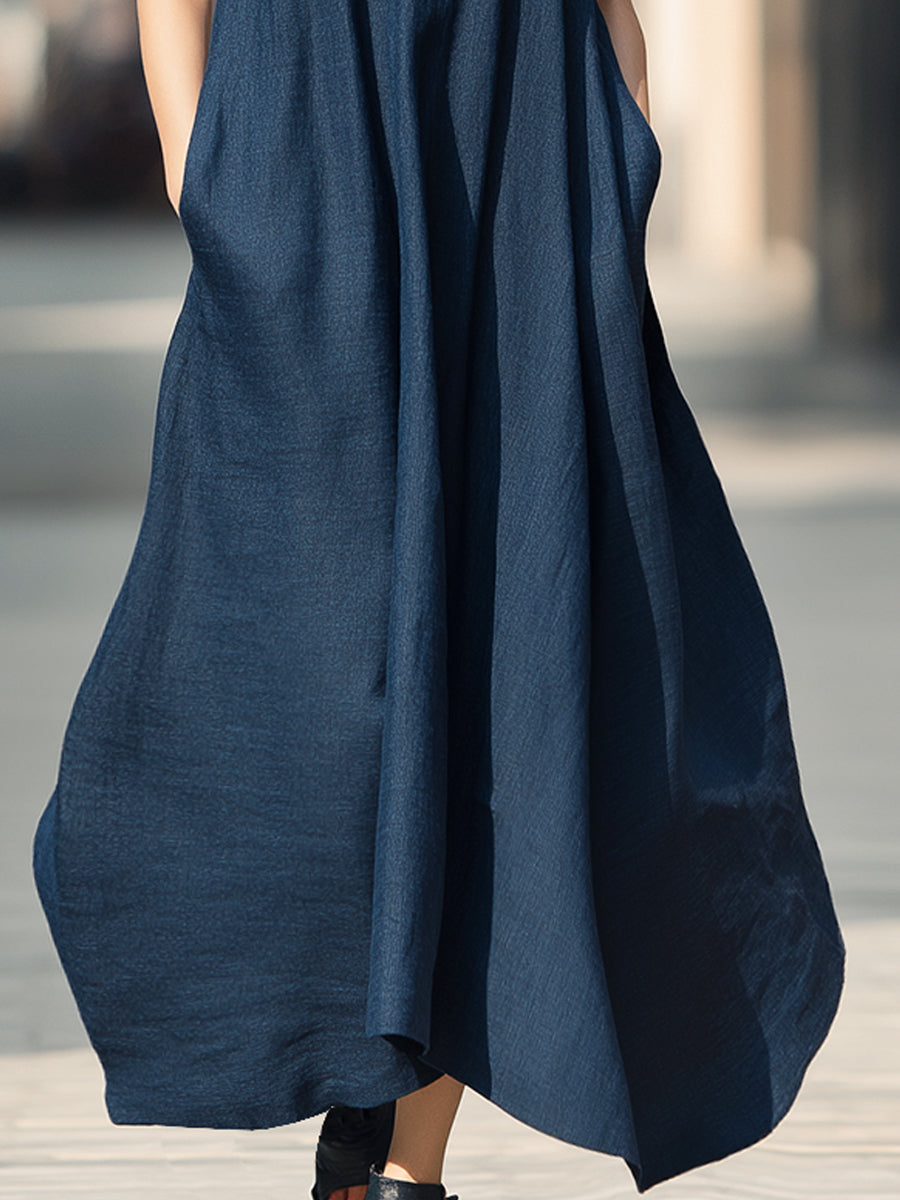 Sleeveless High-Neck Flowy Maxi Dress With Side Pockets
