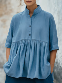 Relaxed Fit Solid Color Mandarin Collar Peplum Blouse