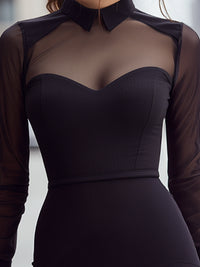 Sheer Yoke Collar-Detail Bodycon Midi Dress