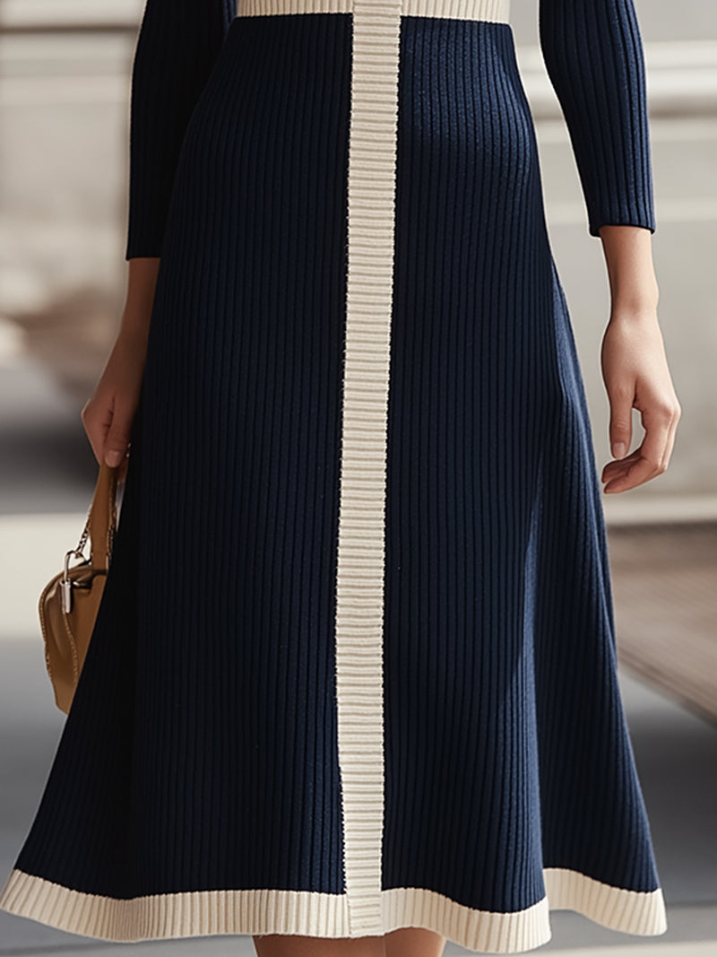Navy & Ivory Contrast Trim Knit Midi Dress