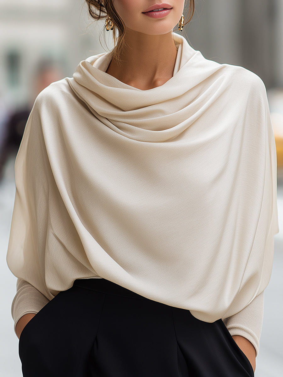 Elegant Draped Cowl-Neck Blouse With Soft Dolman Sleeves