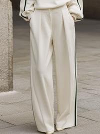 Elegant Contrast-Piped High-Neck Top & Wide-Leg Trouser Set