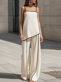 Asymmetric Piped Camisole Top & Wide-Leg Pants Two-Piece Set