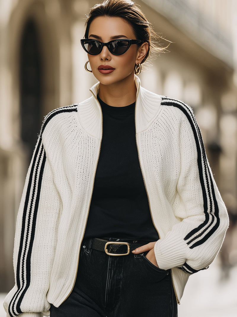 White Zip-Up Knit Bomber Jacket With Black Stripes