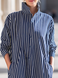 Vertical Stripe Stand-Collar Shirt Midi Dress
