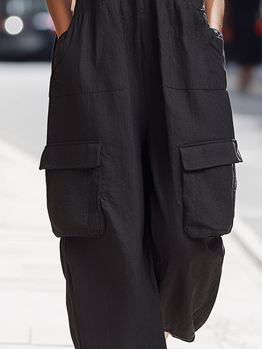 Double-Strap V-Neck Cargo Wide-Leg Jumpsuit