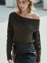 Draped Off-Shoulder Grommet Sleeve Top