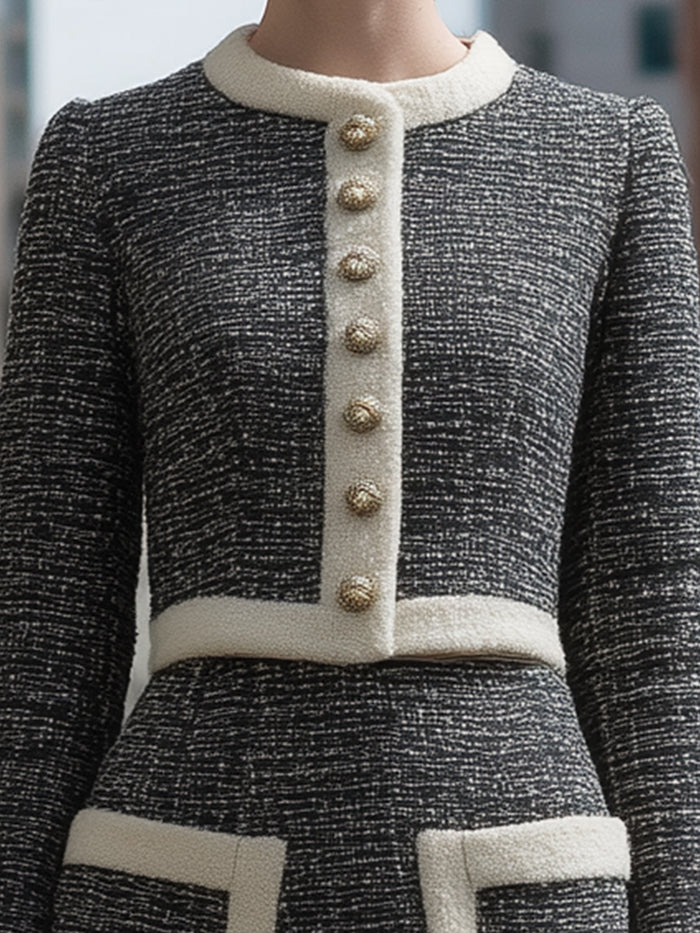 Black Tweed Contrast-Trim Skirt Suit