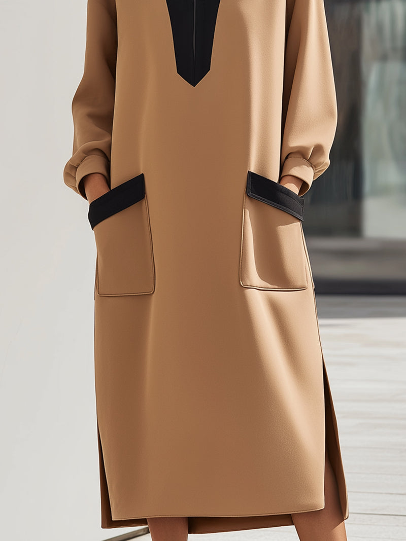 Camel Contrast-Collar Minimalist Shift Dress