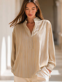 Striped Split-Neck Long Sleeve Blouse