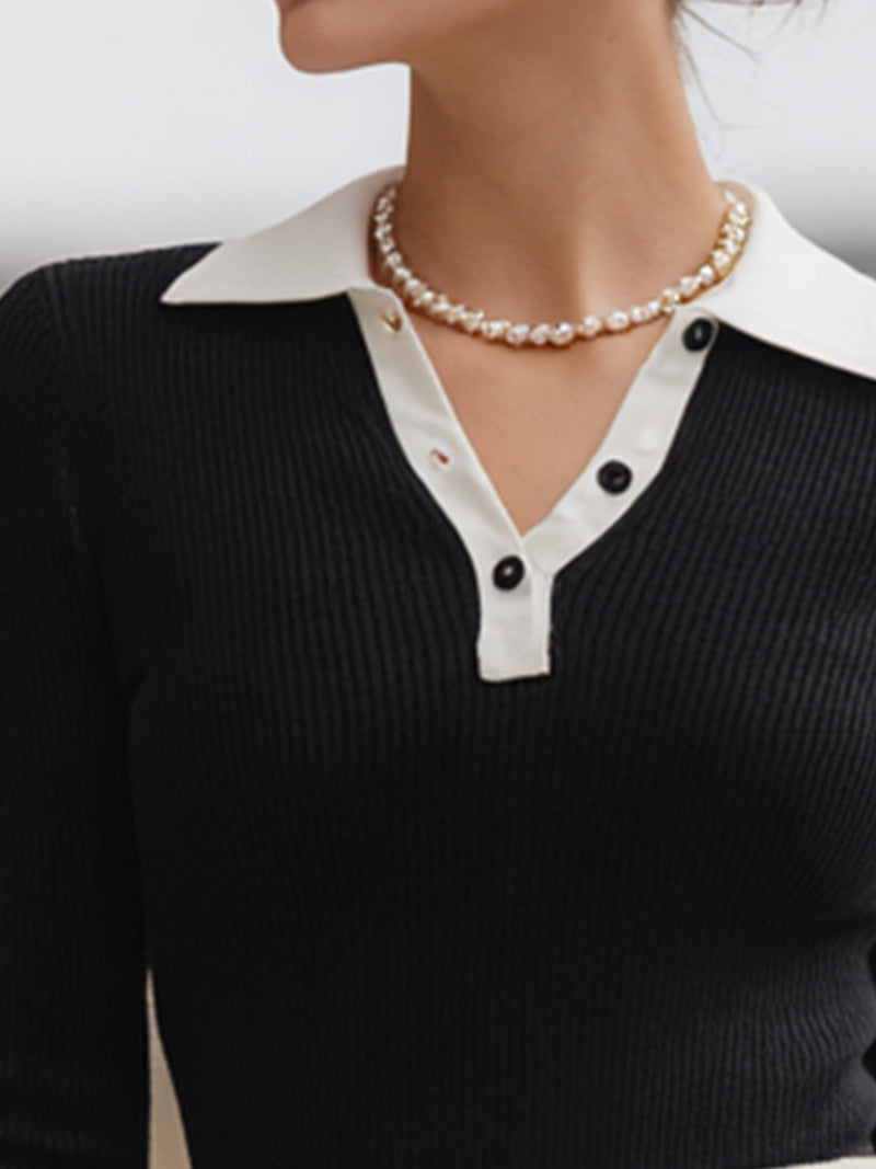 Contrast-Collar Ribbed Knit Polo Top