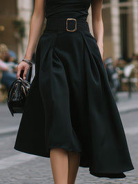 Asymmetrical One-Shoulder Midi Dress With Belted Waist