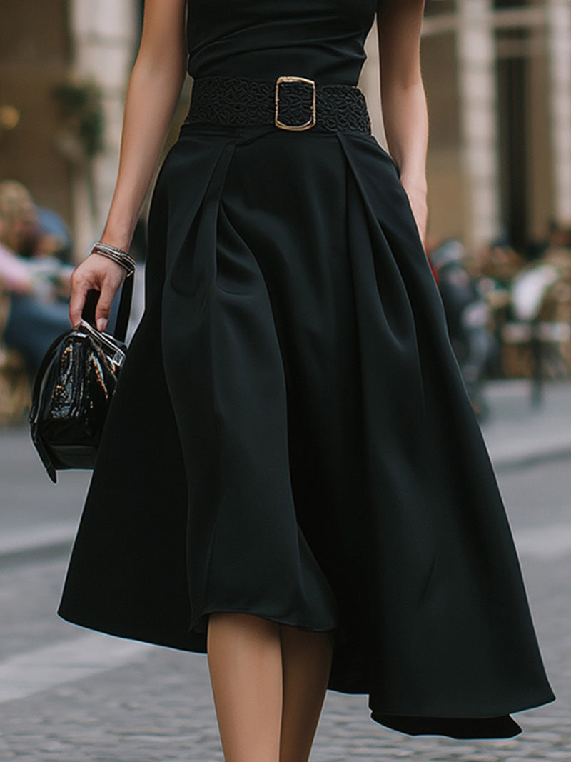 Asymmetrical One-Shoulder Midi Dress With Belted Waist