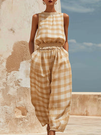 Casual Plaid Sleeveless Elastic Waist Wide-Leg Jumpsuit – Effortless Summer Style