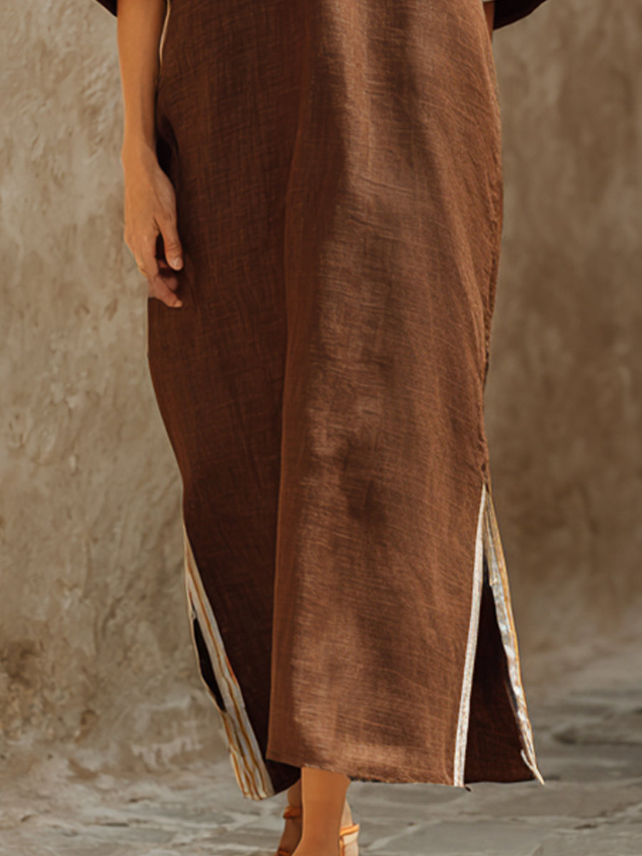 Ethereal Earth-Tone Linen-blend V-Neck Maxi Dress