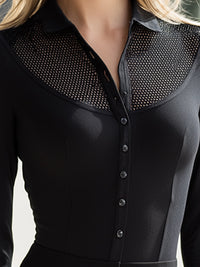Sheer-Yoke Button-Front Fitted Long-Sleeve Top
