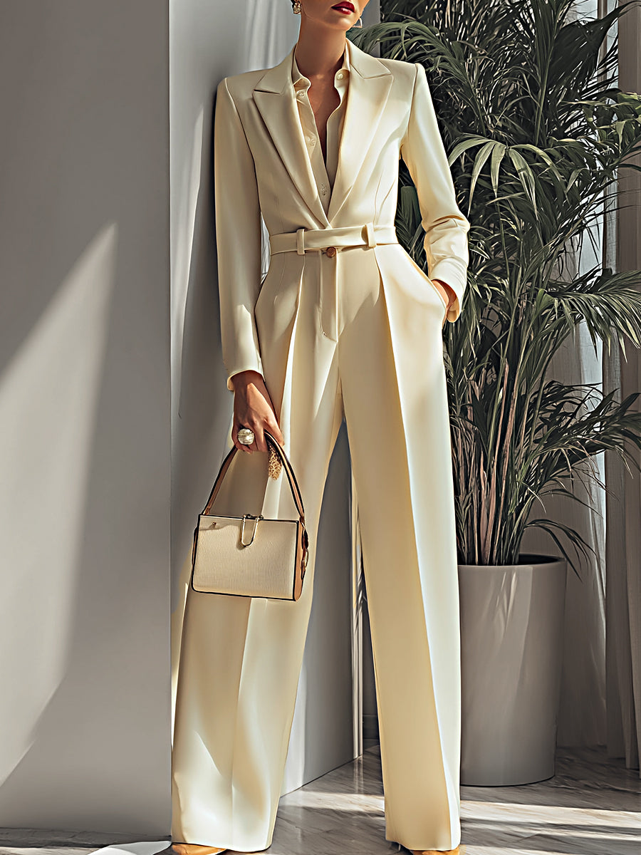 Cream Belted Satin Power Suit Set